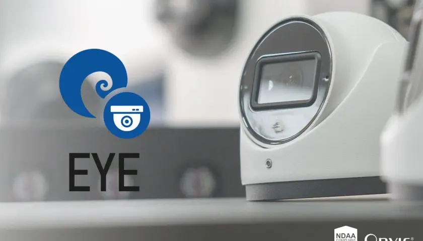 Cámara de seguridad con logo "EYE" y símbolo de protocolo ONVIF.