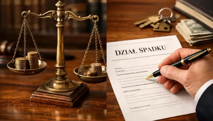 Waga sprawiedliwości z monetami i dokument "Dział Spadku" do podpisania.