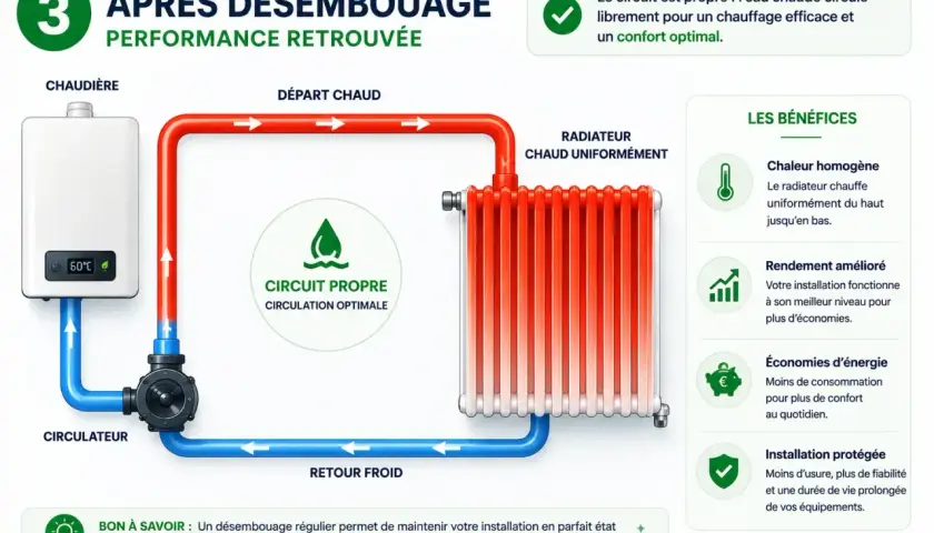 Schéma d'un circuit de chauffage : chaudière, circulateur, radiateur. L'eau chaude circule pour une meilleure puissance radiateur eau chaude.