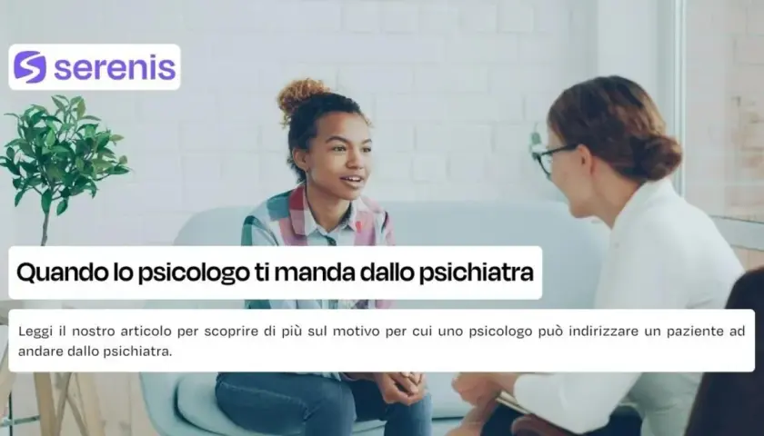 Una giovane donna parla con un professionista. Il testo dice: "Quando lo psicologo ti manda dallo psichiatra".