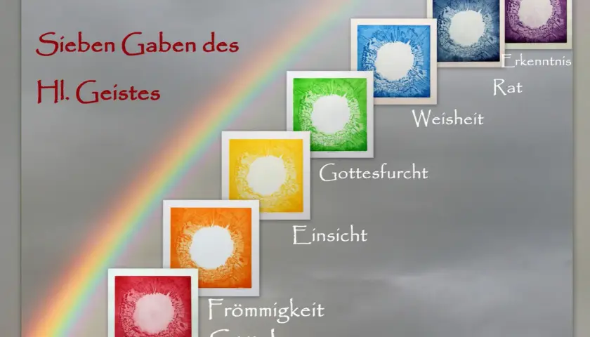 Sieben Gaben des Hl. Geistes: bunte Kreise auf grauem Grund, wie ein Regenbogen, der Weisheit, Erkenntnis, Rat, Gottesfurcht, Einsicht, Frömmigkeit und Stärke symbolisiert.