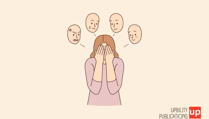 Ragazza con le mani sul viso, circondata da volti che esprimono emozioni diverse, suggerendo un **cambio di personalità improvviso**.