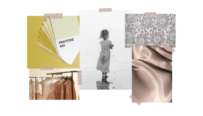 Palette de couleurs et tissus pour un thème de collection mode. Une petite fille sur la plage, des échantillons Pantone, un tissu satiné et des robes sur cintres.