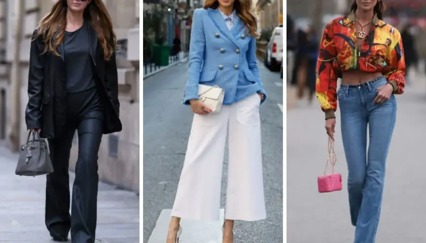 Eleganckie figura gruszka stylizacje: czarny total look, błękitny tweed i jeansy.