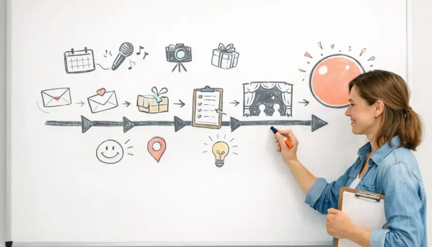 Un tableau retroplanning dessiné à la main, montrant un cheminement visuel avec des icônes : calendrier, micro, appareil photo, cadeaux, liste, scène de théâtre, soleil.