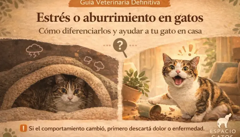 Gato estresado y otro juguetón. Aprende a diferenciar el estrés del aburrimiento para ayudar a tu gato en casa.