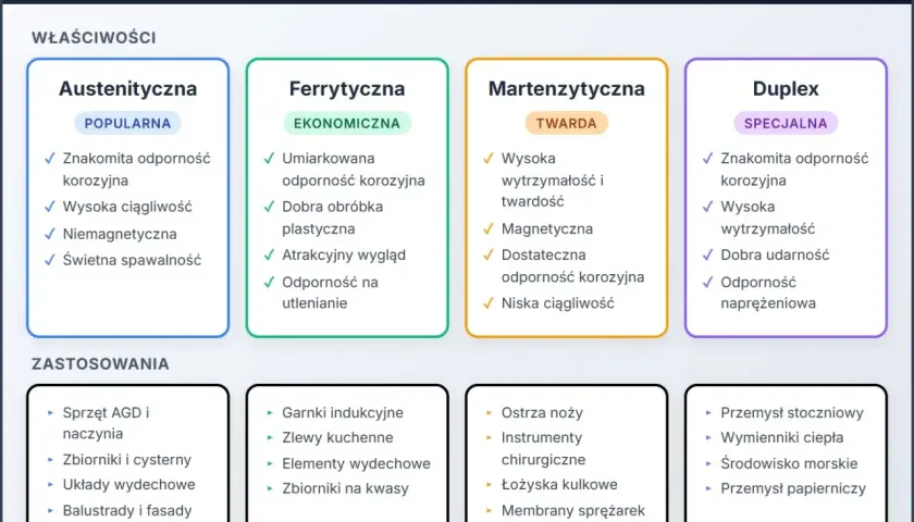 Tabela porównuje rodzaje stali nierdzewnej, podkreślając twardość stali martenzytycznej, jej wysoką wytrzymałość i zastosowania.