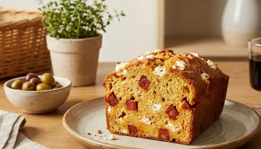 Un délicieux cake chorizo et chèvre, parsemé de morceaux de fromage blanc et de chorizo, prêt à être dégusté avec des olives.