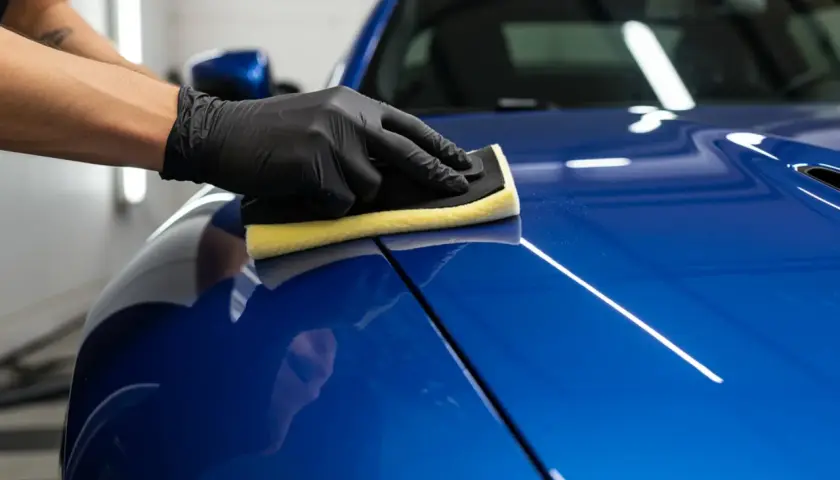 Nakładanie ceramiki na auto to inwestycja w jego wygląd i ochronę. Rękawiczka z gąbką rozprowadza produkt po lśniącym lakierze.
