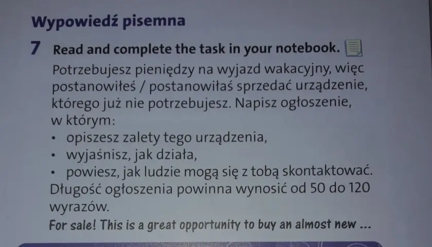 Instrukcja do zadania: jak się pisze ogłoszenie o sprzedaży niepotrzebnego urządzenia, by zarobić na wakacje. Opisz zalety, działanie i dane kontaktowe.