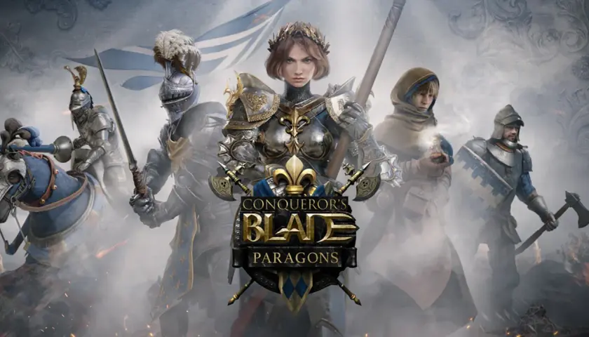 Rycerze w zbrojach, wojowniczka z koroną i sztandar. To grafika z gry Conqueror's Blade. Poradnik dla graczy.