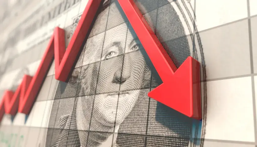Roter Pfeil zeigt nach unten über ein US-Dollar-Schein, der den MSCI USA repräsentiert.
