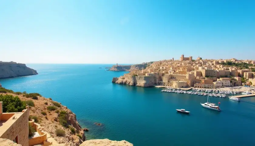 Malta w październiku: słoneczna pogoda, błękitne morze i zabytkowe miasto nad zatoką pełną jachtów.