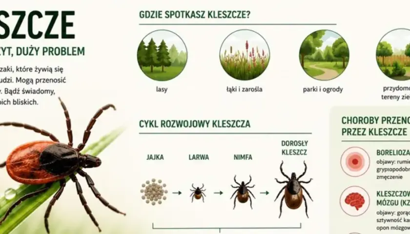 Kleszcze, które przyciągają do lasów, łąk i ogrodów, przenoszą groźne choroby jak borelioza.