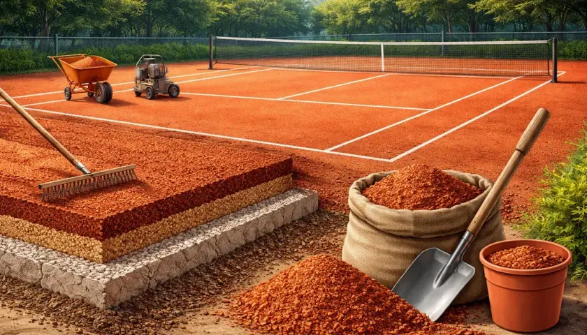 Przygotowanie kortów Roland Garros: warstwy nawierzchni, taczka z gliną, łopata i grabie.