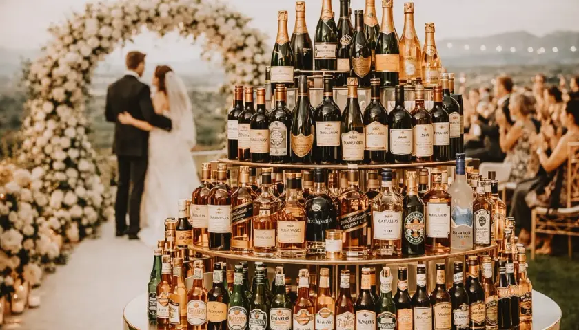 Une pyramide de bouteilles pour un vin d'honneur de mariage. Les mariés se tiennent sous une arche fleurie.