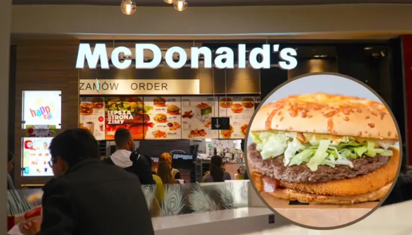 W McDonald's można zamówić burgera, ale ile kcal ma veggie burger? Na zdjęciu widać menu i zbliżenie na burgera.