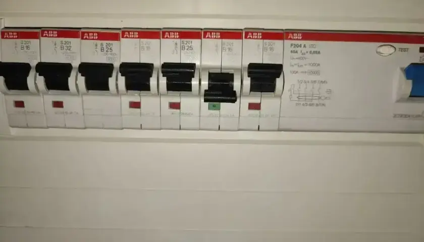 Panel z bezpiecznikami nadlicznikowymi marki ABB.