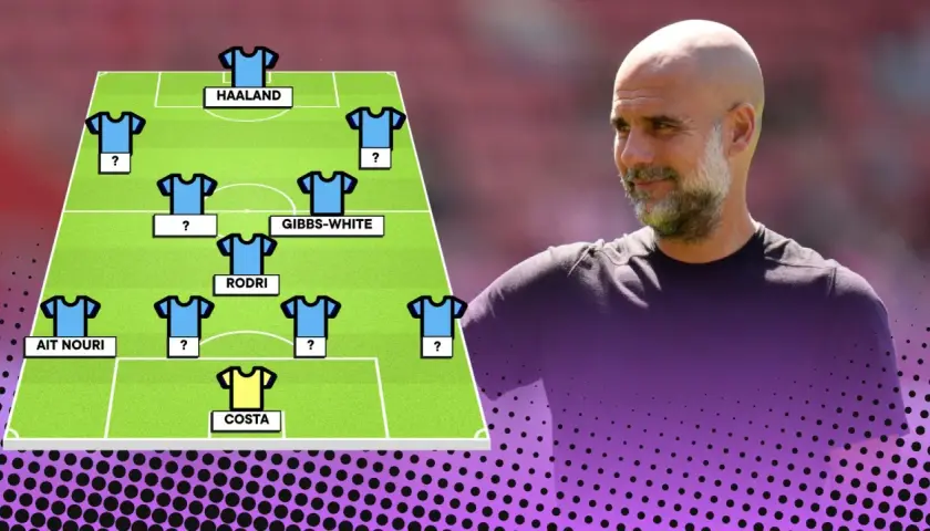 Pep Guardiola analizujący skład Manchesteru City z Haalandem i Rodrim.