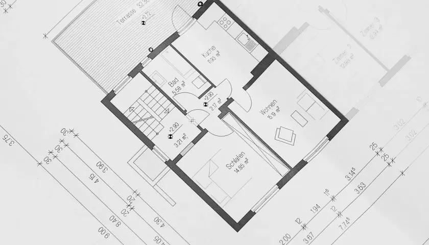 Plan budynku gospodarczego do 35m2: kuchnia, łazienka, salon, sypialnia i taras.