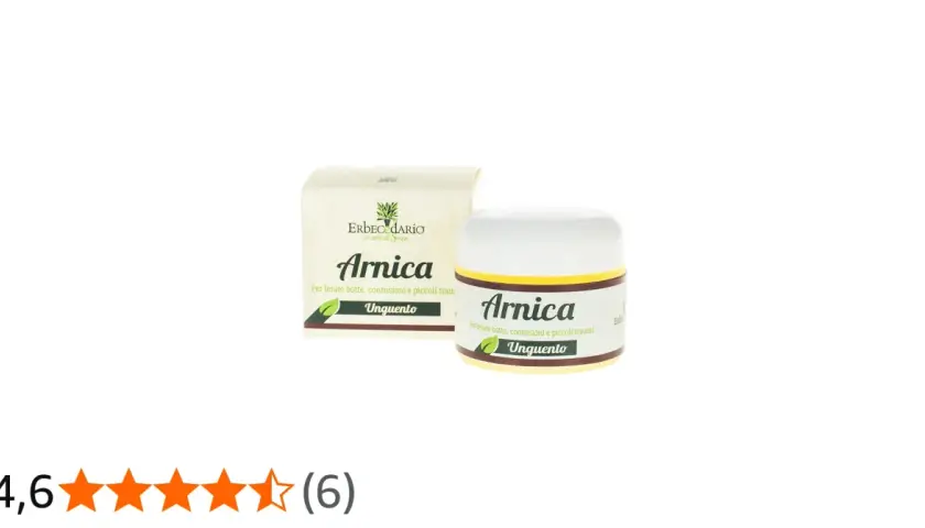 Unguento all'arnica, ideale per i benefici su botte e contusioni. Confezione e vasetto mostrati.