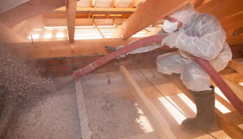 Persona in tuta protettiva insuffla materiale isolante in un sottotetto non abitabile, un progetto fai da te per migliorare l'efficienza energetica.