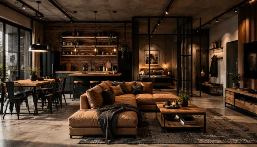 Wnętrze w stylu loft: otwarta przestrzeń z kuchnią, jadalnią i salonem. Brązowa kanapa, drewniany stół, ceglana ściana i industrialne oświetlenie tworzą przytulny klimat.