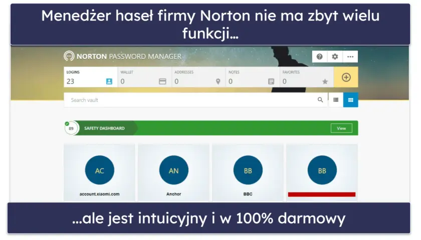 Interfejs menedżera haseł Norton z listą loginów i ikonami.