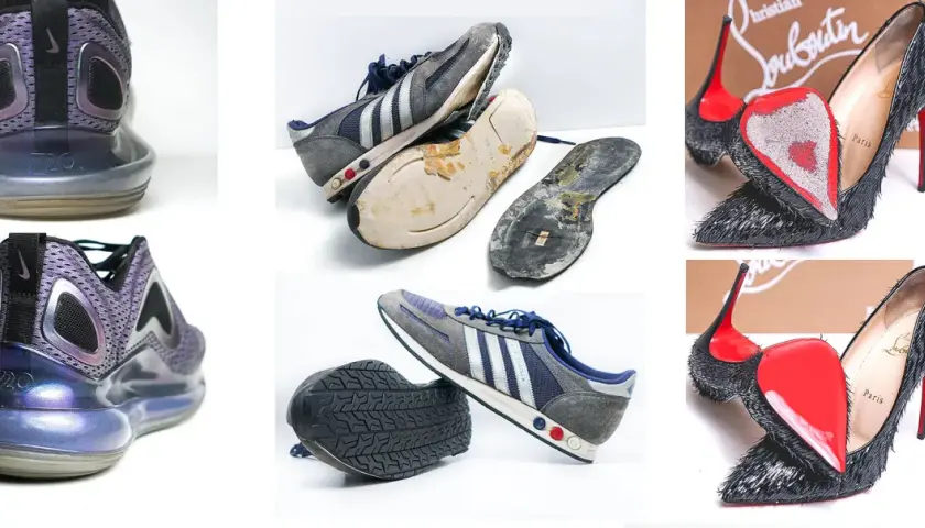 Naprawa podeszwy buta: zniszczone podeszwy adidasów i butów Nike, a także eleganckie szpilki Louboutin.