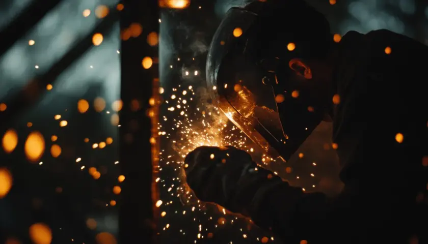 Soldadura con gas: chispas naranjas iluminan la oscuridad mientras un soldador con casco trabaja.