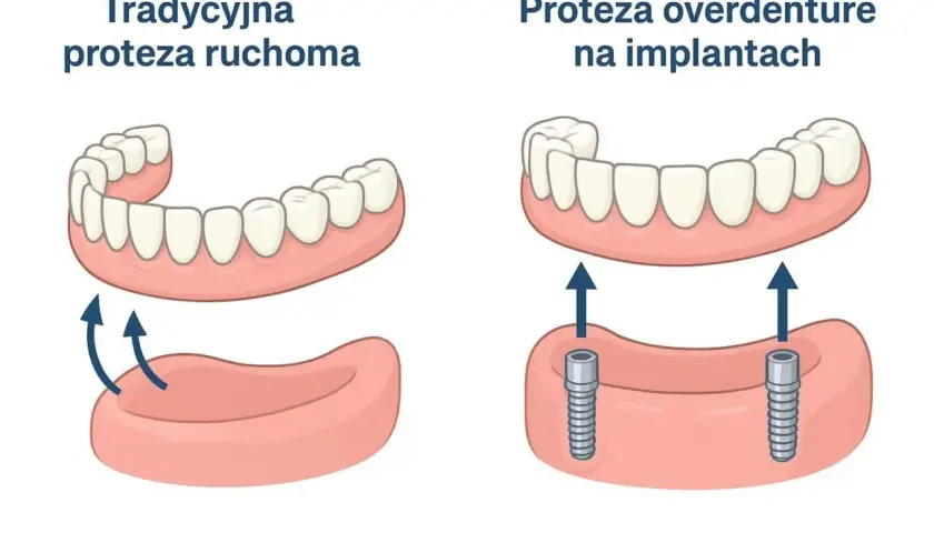 Porównanie tradycyjnej protezy ruchomej z protezą overdenture na implantach. Proteza overdenture zapewnia stabilność dzięki mocowaniu na implantach.