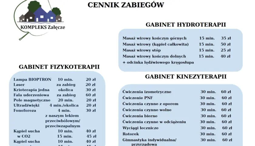 Cennik zabiegów w Kompleksie Załęcze: fizykoterapia, hydroterapia, kinezyterapia.