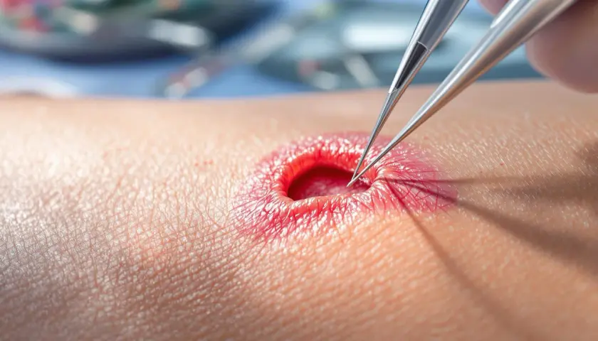 Pince chirurgicale manipulant une plaie rouge et ouverte, évoquant les risques d'un point de suture oublié.