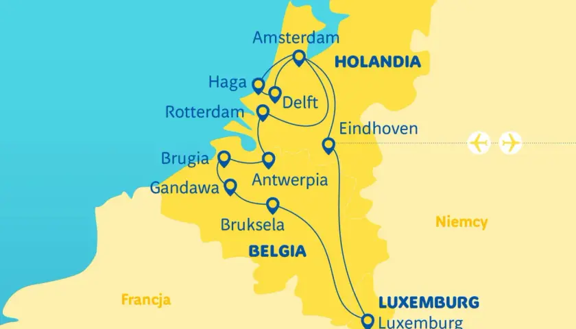 Mapa turystyczna regionu **Benelux** z zaznaczonymi trasami między miastami Holandii, Belgii i Luksemburga.