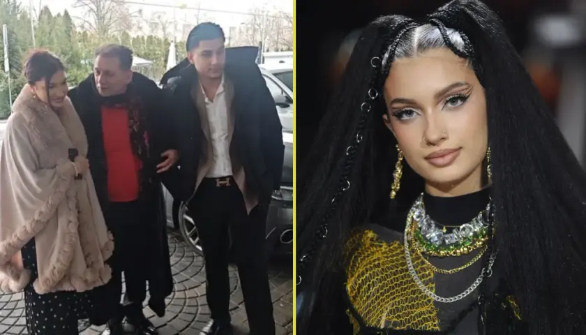 Viki Gabor z rodziną. Mężczyzna w białej koszuli i czarnej kurtce, obok niego kobieta w beżowym płaszczu.