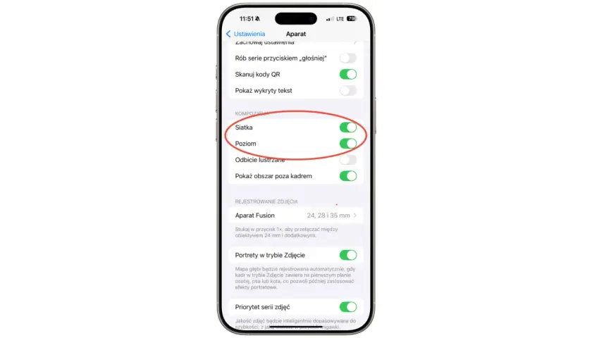 Ustawienia aparatu iPhone: włączona siatka i poziom do manualnych ustawień kompozycji zdjęć.