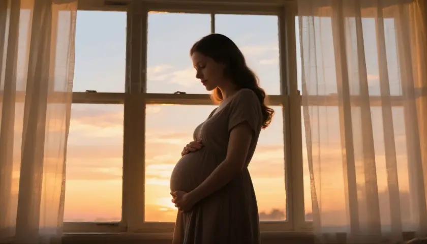 Kobieta w ciąży przy oknie, otoczona ciepłym światłem zachodzącego słońca. Czuć w niej spokój i radość, jakby doświadczała hormonu szczęścia.