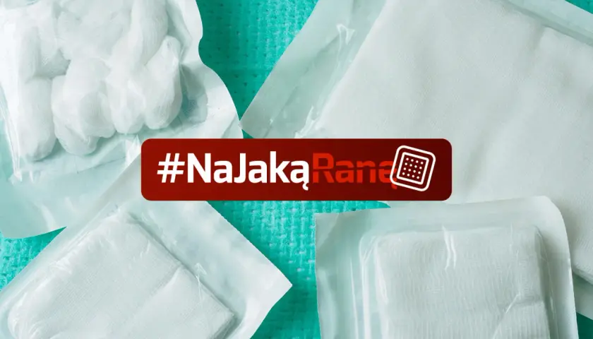 Sterylne gaziki i opatrunki w opakowaniach, z czerwonym paskiem #NaJakąRanę.