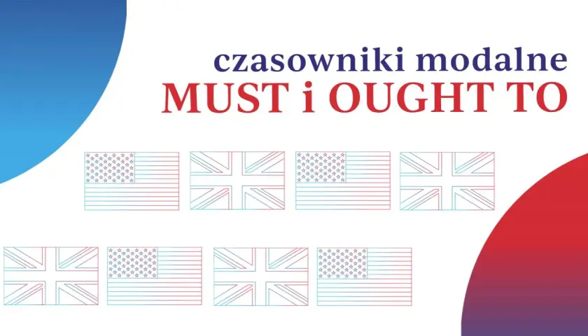 Grafika z napisami "czasowniki modalne MUST i OUGHT TO" oraz stylizowanymi flagami USA i Wielkiej Brytanii. Powinniśmy się uczyć takich słówek.