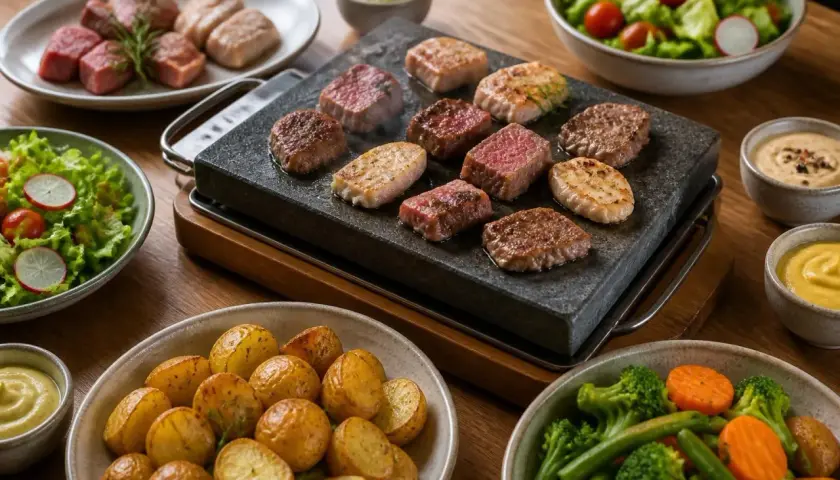 Une pierrade recette avec des morceaux de viande et de poisson grillés sur une pierre chaude, accompagnés de pommes de terre, de légumes et de sauces.