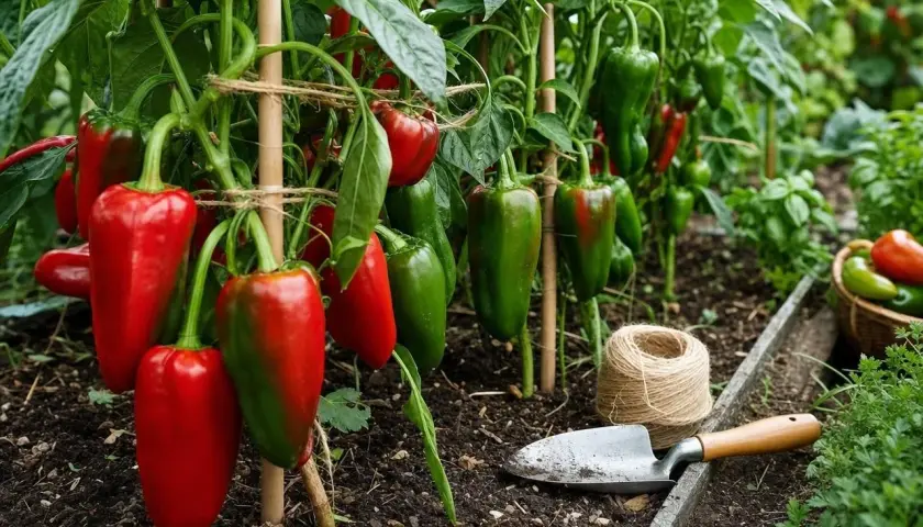 Des poivrons rouges et verts mûrissent sur une poivron plante dans un potager. Une petite pelle et une bobine de ficelle sont à proximité.