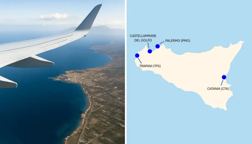 Planning where to fly into Sicily? This image shows an airplane wing over the coast and a map highlighting airports in Palermo (PMO), Trapani (TPS), and Catania (CTA).