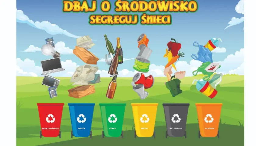 Plakat edukacyjny o segregacji śmieci. Kolorowe kosze na elektrośmieci, papier, szkło, metal, bio odpady i plastik.