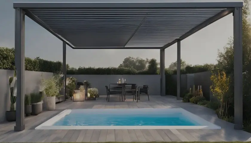 Un espace détente avec une piscine et un coin repas sous une pergola moderne. Parfait pour profiter d'un spa sous pergola.