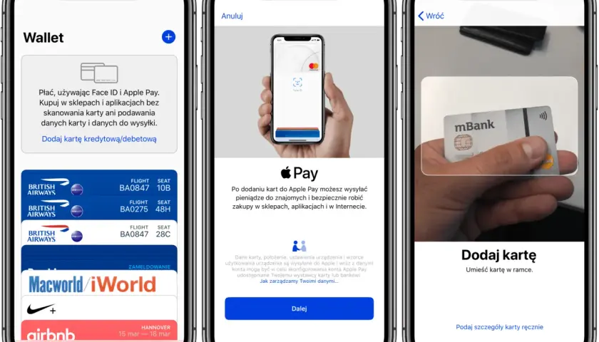 Jak dodać kartę do Apple Pay? Ekran iPhone'a pokazuje proces dodawania karty, od Wallet po skanowanie karty.