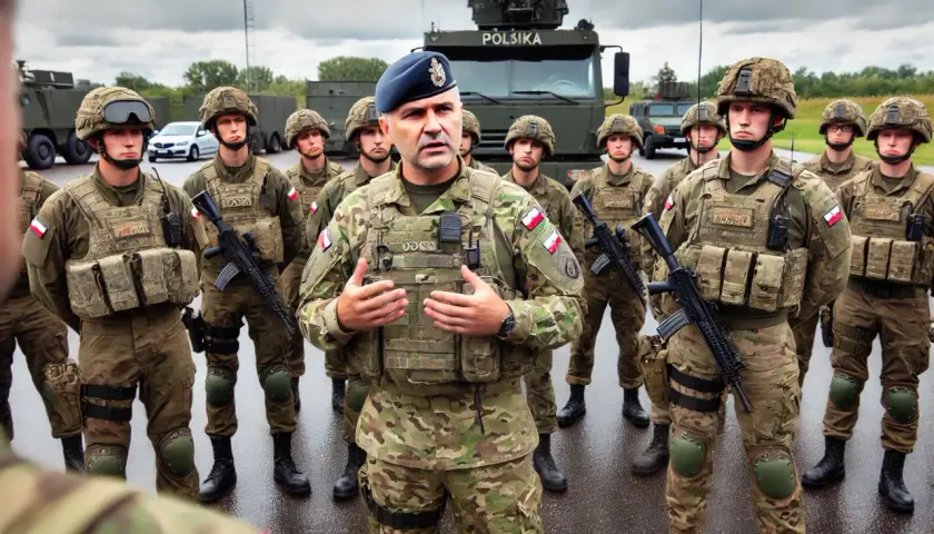 Dowódca w mundurze polowym przemawia do żołnierzy. W razie wojny kto idzie do wojska? Ci młodzi mężczyźni w pełnym rynsztunku.