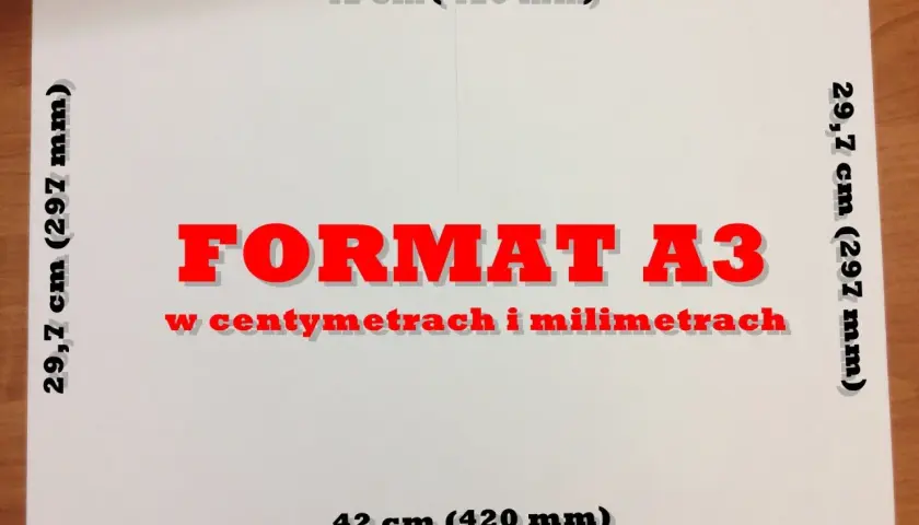 Biała kartka z napisem "FORMAT A3 w centymetrach i milimetrach". Wymiary: 29,7 cm (297 mm) i 42 cm (420 mm). Jaki to format? A3.