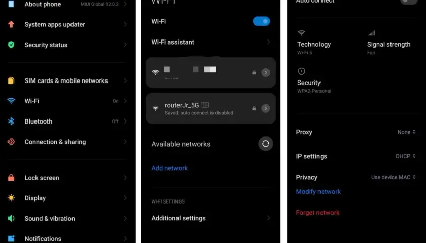 Na ekranie telefonu Xiaomi widać, że sieć wifi "routerJr_5G" jest zapisana, ale automatyczne połączenie jest wyłączone.