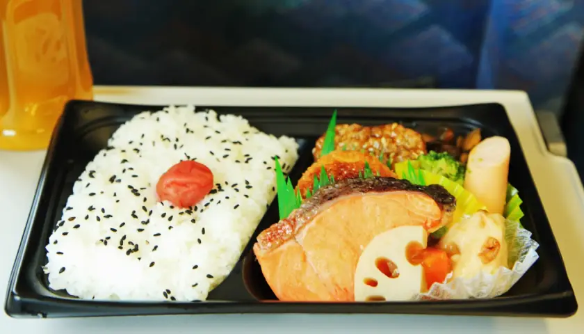 A delicious eki bento with rice, salmon, fried items, broccoli, and sausage, ready for a journey.