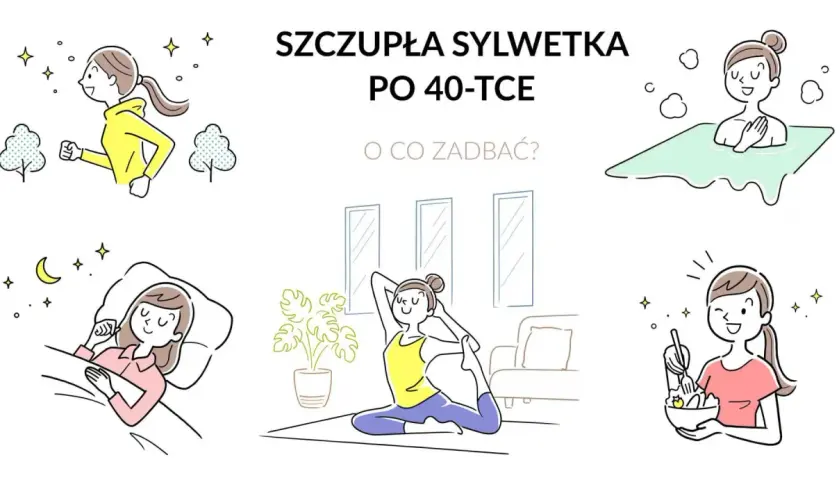 Jak schudnąć po 40. to aktywność fizyczna, zdrowa dieta, relaks i sen. Kobieta biega, ćwiczy jogę, je zdrowo, odpoczywa w wannie i śpi.